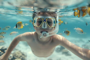 Naklejka premium Underwater photo of young child boy swimming near corals and reefs