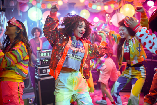 Young people dancing at vibrant 90s-themed party