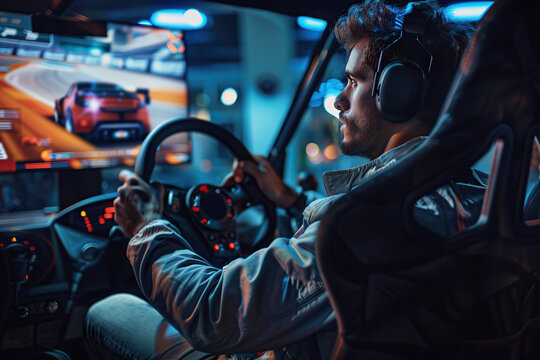 Young man in headphones with steering wheel playing car racing game at home