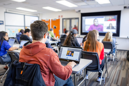Modern classroom with students in online lecture