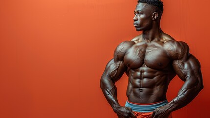 Obraz premium Muscular bodybuilder poses in front of an orange backdrop showcasing his physique