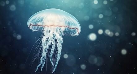 A jellyfish gracefully swims in deep blue waters with bubbles surrounding it