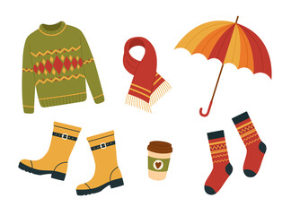 Autumn warm clothes set. Sweater, scarf, rubber boots, socks, umbrella and coffee cup. Cozy outdoor outfit. Fall season fashion. Vector flat illustration isolated on white background