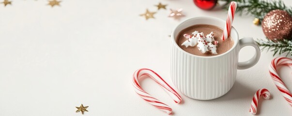 Festive Christmas hot chocolate with candy canes and holiday decorations in a cozy winter setting. Perfect drink for the holiday season.