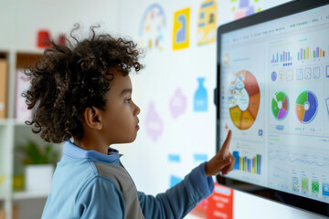 Young student engaged with digital whiteboard learning tools
