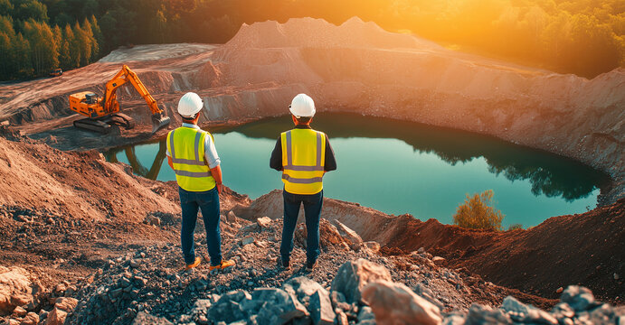  two construction workers wearing yellow vests and white helmets standing on top of a hill with their backs to the camera