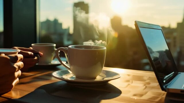 Businesspeople having coffee break enjoying sunrise over city skyline