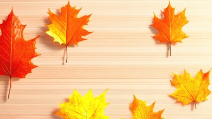 Fototapeta premium Autumn leaves on wooden background with copy space, view from above.