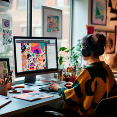 Designer working on a computer, creating new designs and patterns, from her own office.