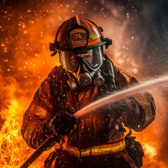 A brave firefighter ready to do his job, holding a water hose