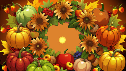 Thanksgiving wreath with pumpkins, sunflowers, and autumn harvest on orange background with copy space