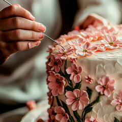 Pastry chef decorating a cake with pretty pink flowers