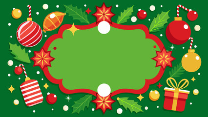 Christmas background with gifts, ornaments, and stars on green and red background with copy space