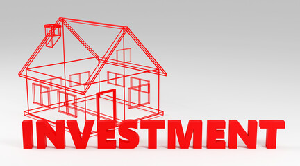 Luxury red inscription investment on grey podium, soft light, smooth background, 3d rendering