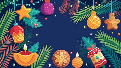 Christmas background with ornaments and cookies on dark blue background with copy space