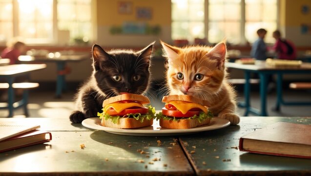 Kittens stare intently at delicious sandwiches set on a classroom table