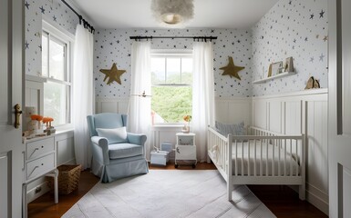Dreamy White Room Featuring Starry Walls and Petite Light Blue Armchair Perfect for Kids