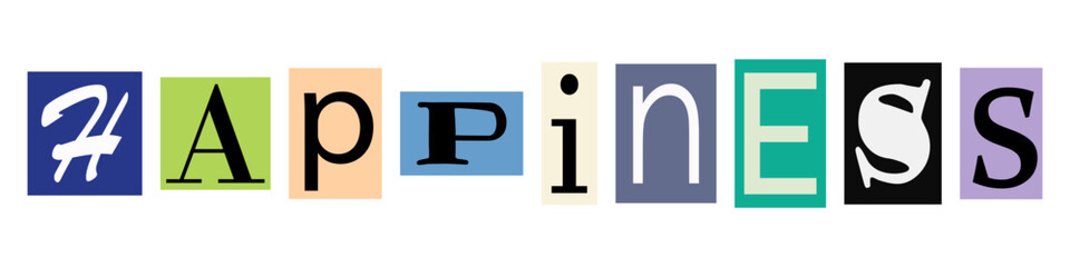Colorful letters spelling happiness