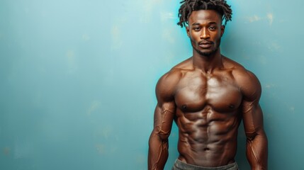 Muscular man poses confidently against a blue wall in a fitness studio during daylight