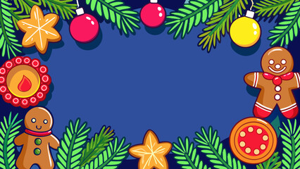 Christmas background with gingerbread cookies, ornaments, and pine branches on blue background with copy space