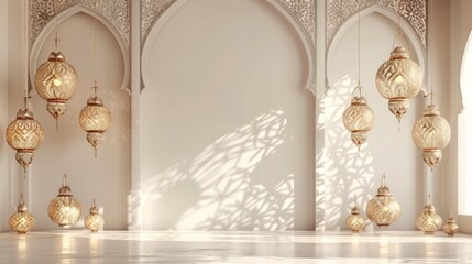 Decorative lanterns illuminate a serene space, showcasing intricate designs and warm light patterns on the walls