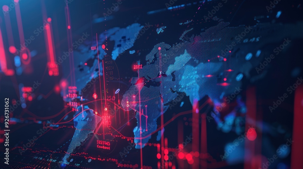 Poster world map with red and blue data visualization