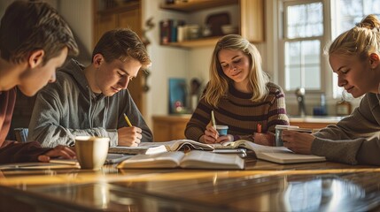 A small group of friends studying the Bible together at a kitchen table, notebooks and coffee cups around, fellowship, learning, the joy of shared faith in a warm home setting banner with copyspace