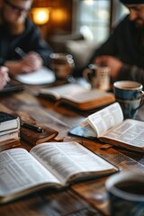 A small group of friends studying the Bible together at a kitchen table, notebooks and coffee cups around, fellowship, learning, the joy of shared faith in a warm home setting banner with copyspace