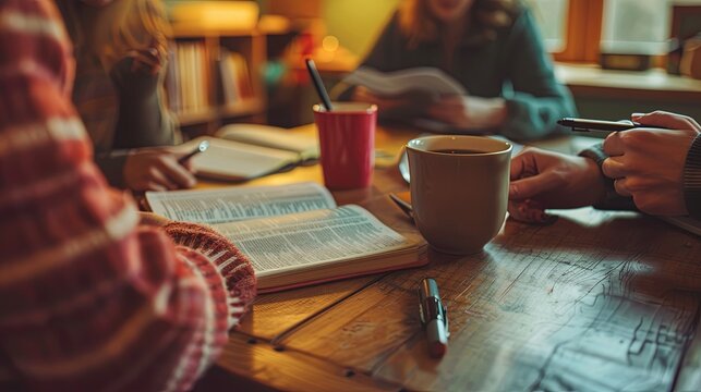 A small group of friends studying the Bible together at a kitchen table, notebooks and coffee cups around, fellowship, learning, the joy of shared faith in a warm home setting banner with copyspace
