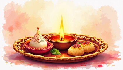 Watercolor Thali Featuring Rakhi, Sweets, and Diya, Showcasing the Beauty and Spirit of the Rakhi Festival
