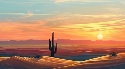 Fototapeta premium A stunning desert sunset scene with a solitary cactus, showcasing vibrant colors and tranquil landscapes.