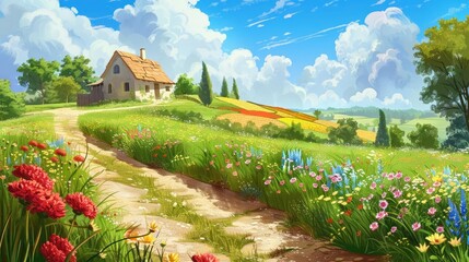 A serene landscape featuring a charming cottage surrounded by vibrant flowers under a clear blue sky with fluffy clouds.