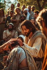 Jesus Christ gently laying hands on a sick person, expressions of hope and compassion, serene outdoor setting with a crowd watching, healing, divine love, and the power of faith, banner with copyspace