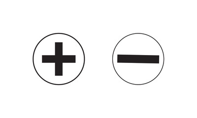 Round plus and minus icons set with different thicknesses. Vector.