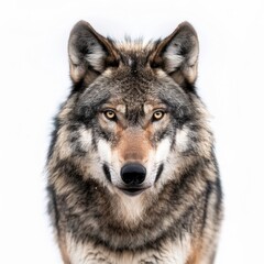 Fototapeta premium This striking wolf portrait showcases its fierce and noble nature. The close-up reveals intricate fur patterns. Perfect for wildlife enthusiasts and nature lovers. AI
