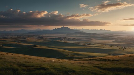 A serene mountain landscape with wide, open plains below, the horizon stretching endlessly into the sky.