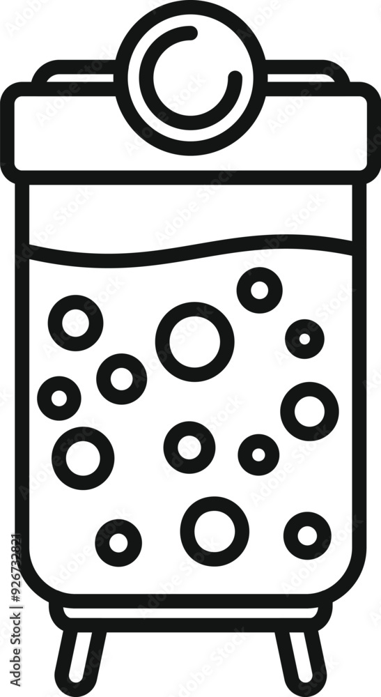Poster laboratory glassware filled with bubbling solution on tripod support is standing on the table and re