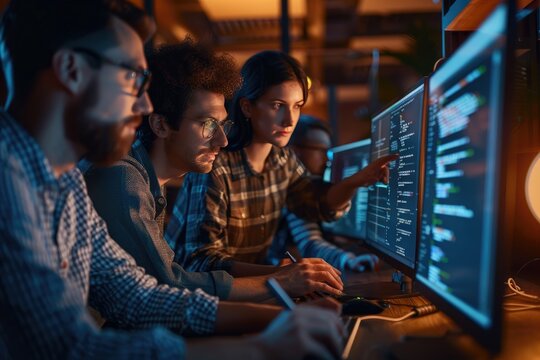 Team of focused developers collaborating on a project, analyzing code and solving complex problems in a modern office environment.