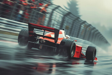 Formula 1 race car racing on wet track under rain
