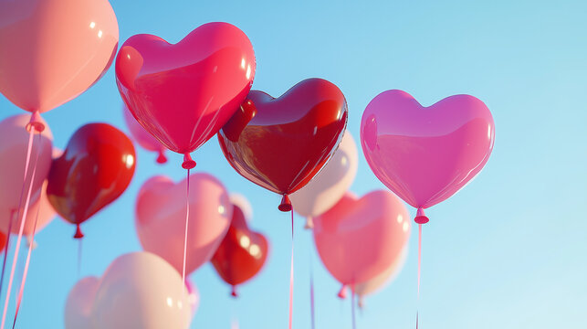 back to schol balloons, heart shapes, red and pink, floating against a clear blue sky