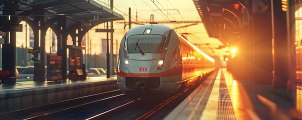 Modern Train Arriving at Platform at Sunset