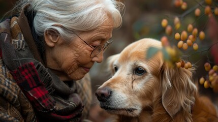 A woman shares a gentle interaction with her golden retriever amidst autumn foliage
