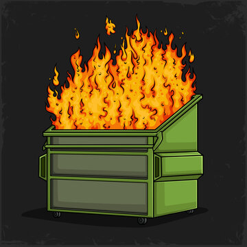 Hand drawn mismanaged situation dumpster fire, green garbage bin burning on a huge fire