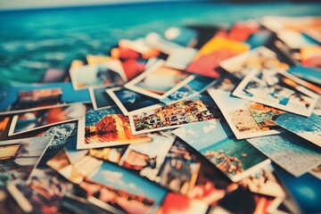 Naklejka premium Pile of Colorful Travel Photos on a Table with a Turquoise Sea Background