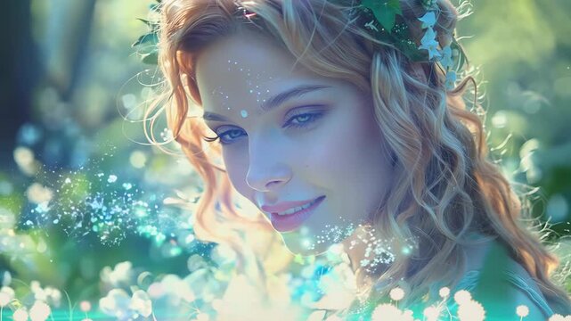 Devil in form of beautiful girl with long light curly hair and small black horns looks attentively and smile into frame framed by lily of the valley, portrait, close-up
