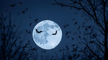 Fototapeta premium Midnight Mystery: Bat Flies High, a silhouette of bats flying against a full moon.