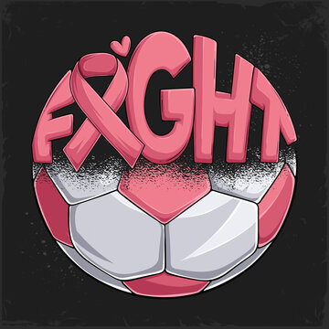 Hand drawn Breast Cancer awareness half pink Football or Soccer ball fight calligram and pink ribbon