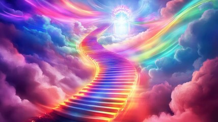 Rainbow staircase leading to a bright light in the clouds.