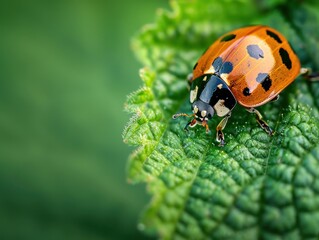 Obraz premium Vibrant Ladybug on Dewy Leaf: Macro Nature Beauty