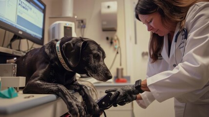 A veterinarian examines a dog in a clinical setting, demonstrating care and attention to animal health and well-being.